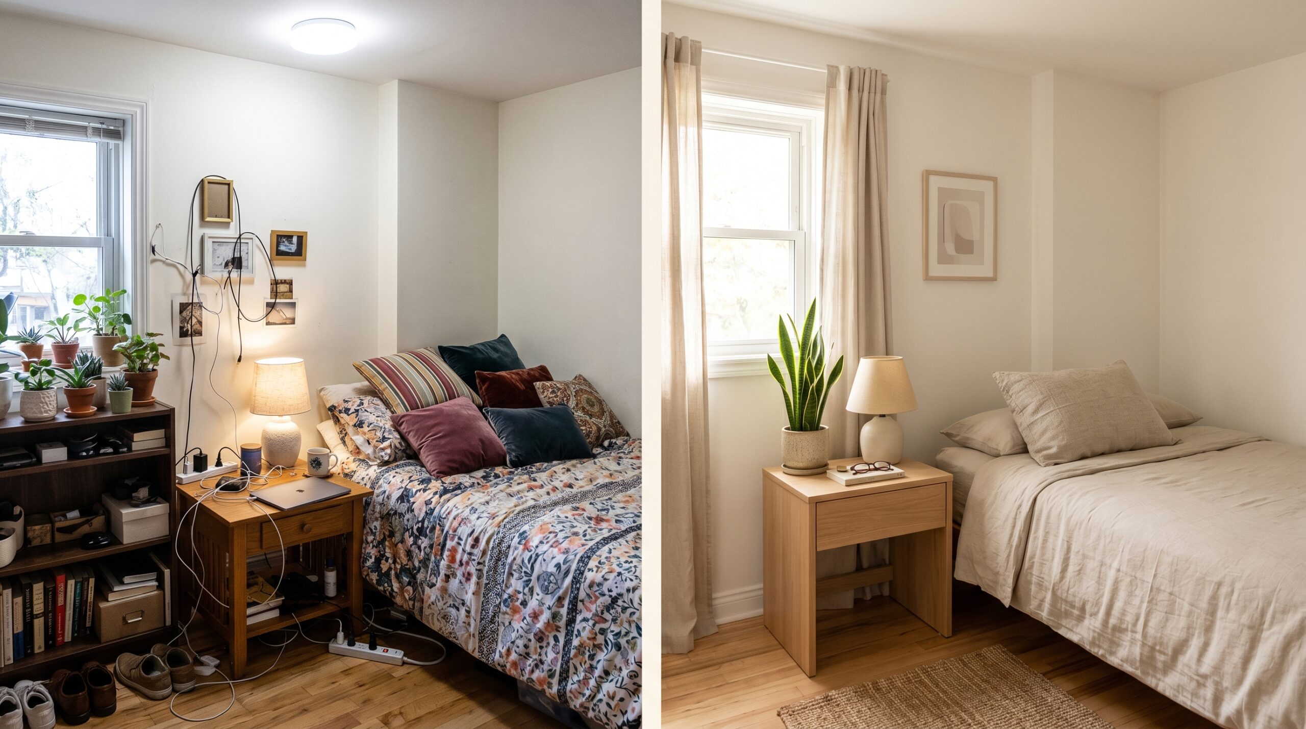 Japandi bedroom before and after - cluttered bedroom edited to calm minimalist japandi style with natural materials