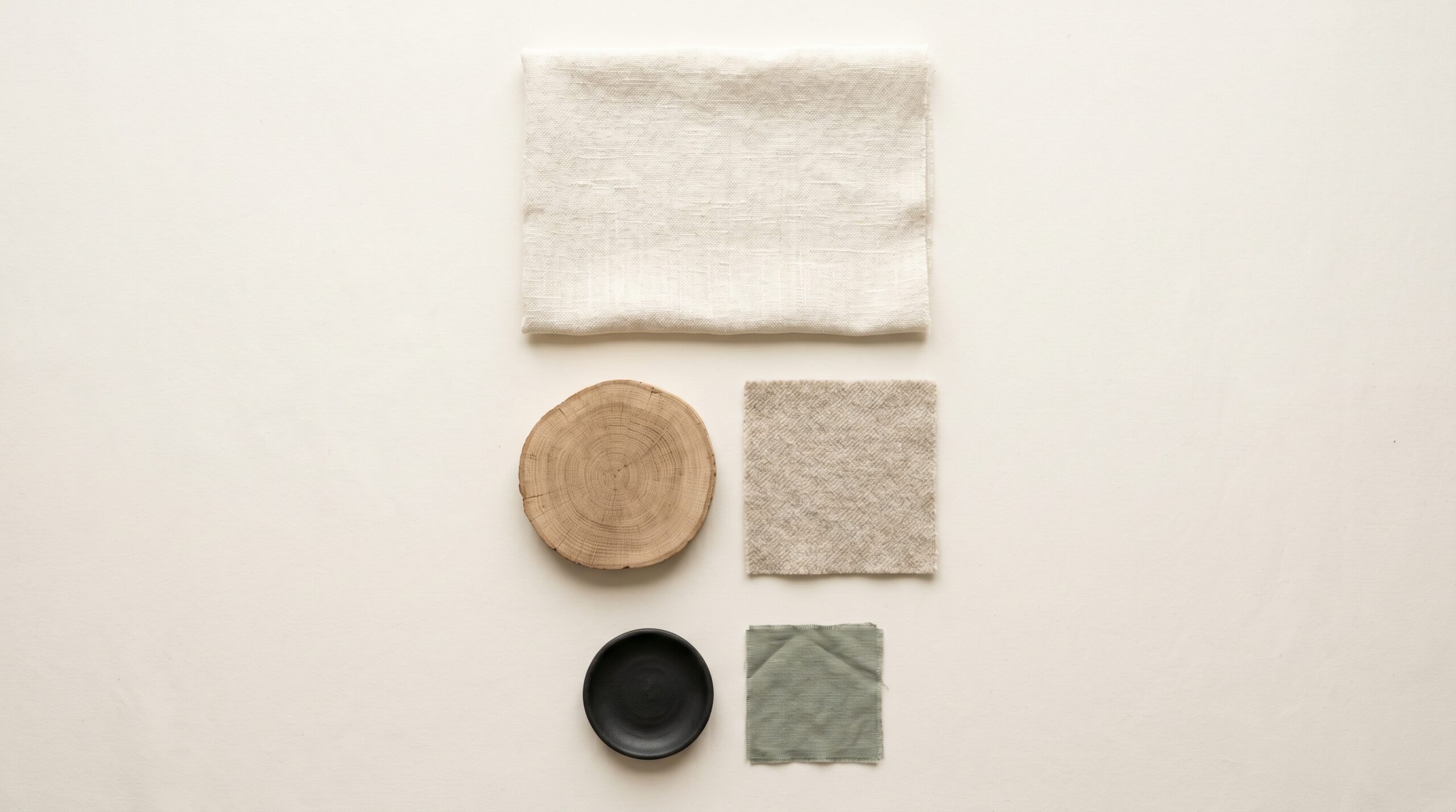 Japandi bedroom colour palette - 60-30-10 rule shown with warm white linen, oak wood and sage accent swatches