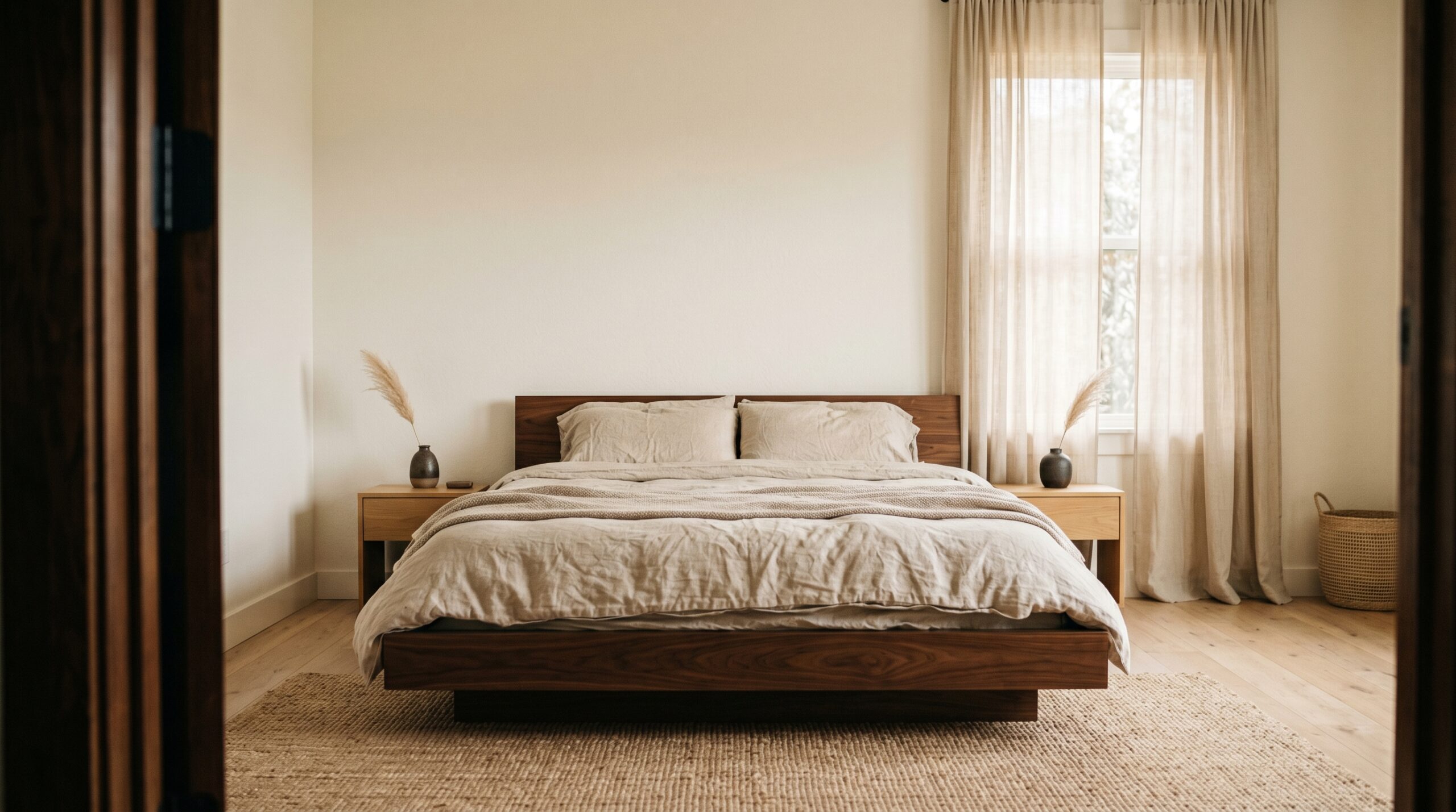 Japandi bedroom ideas - full room with low walnut platform bed, oak nightstands and jute rug in morning light