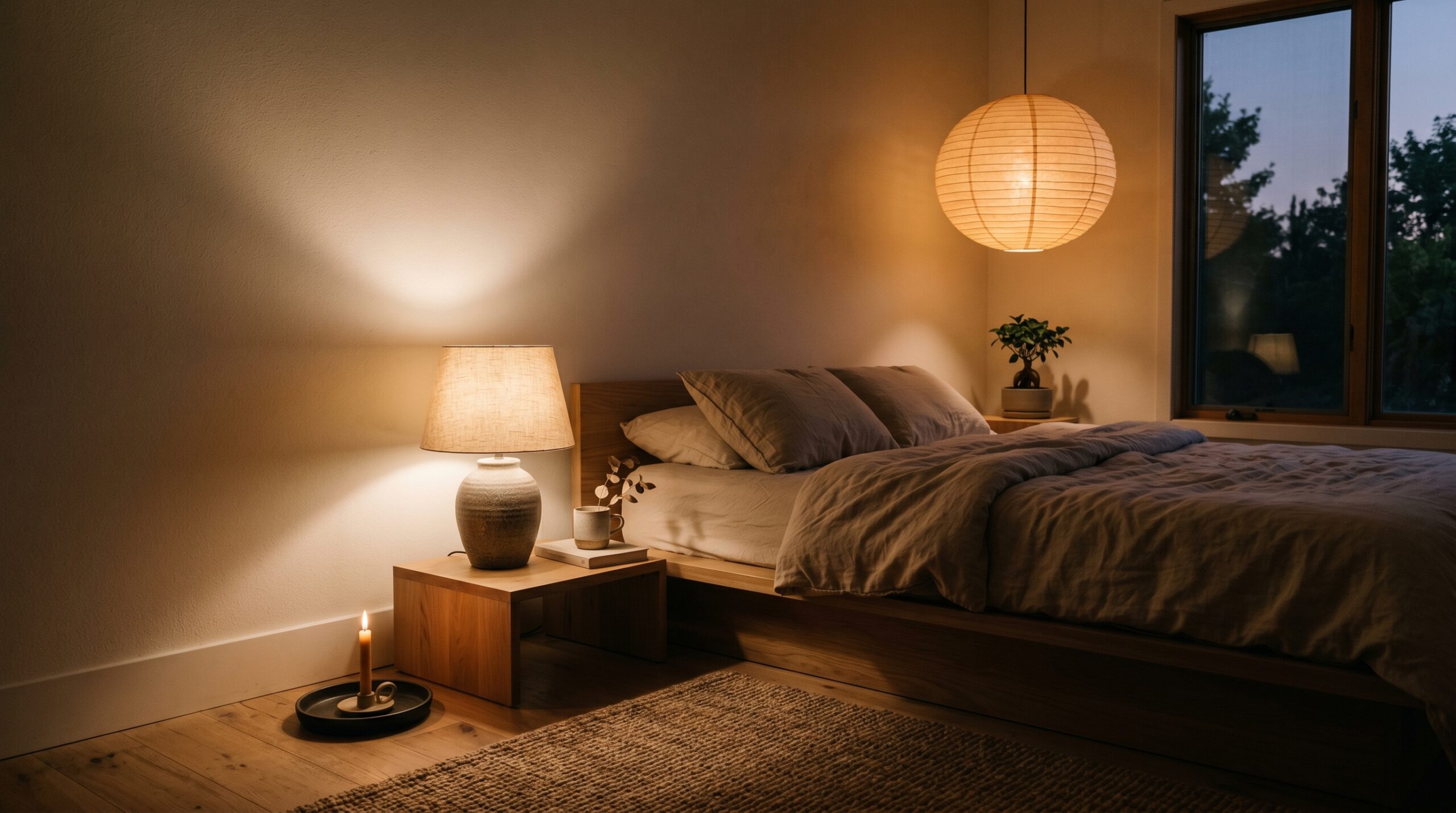 Japandi bedroom lighting - three layer approach with washi pendant, ceramic lamp and floor candle at dusk
