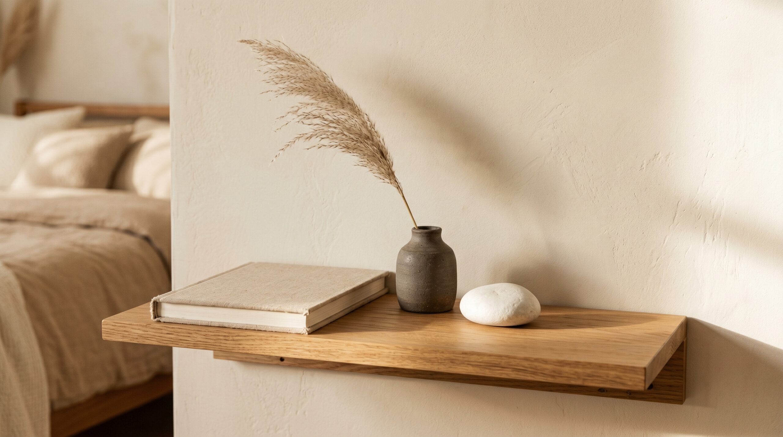 Japandi bedroom nightstand - three object rule with book, dark ceramic vase and river stone on oak surface