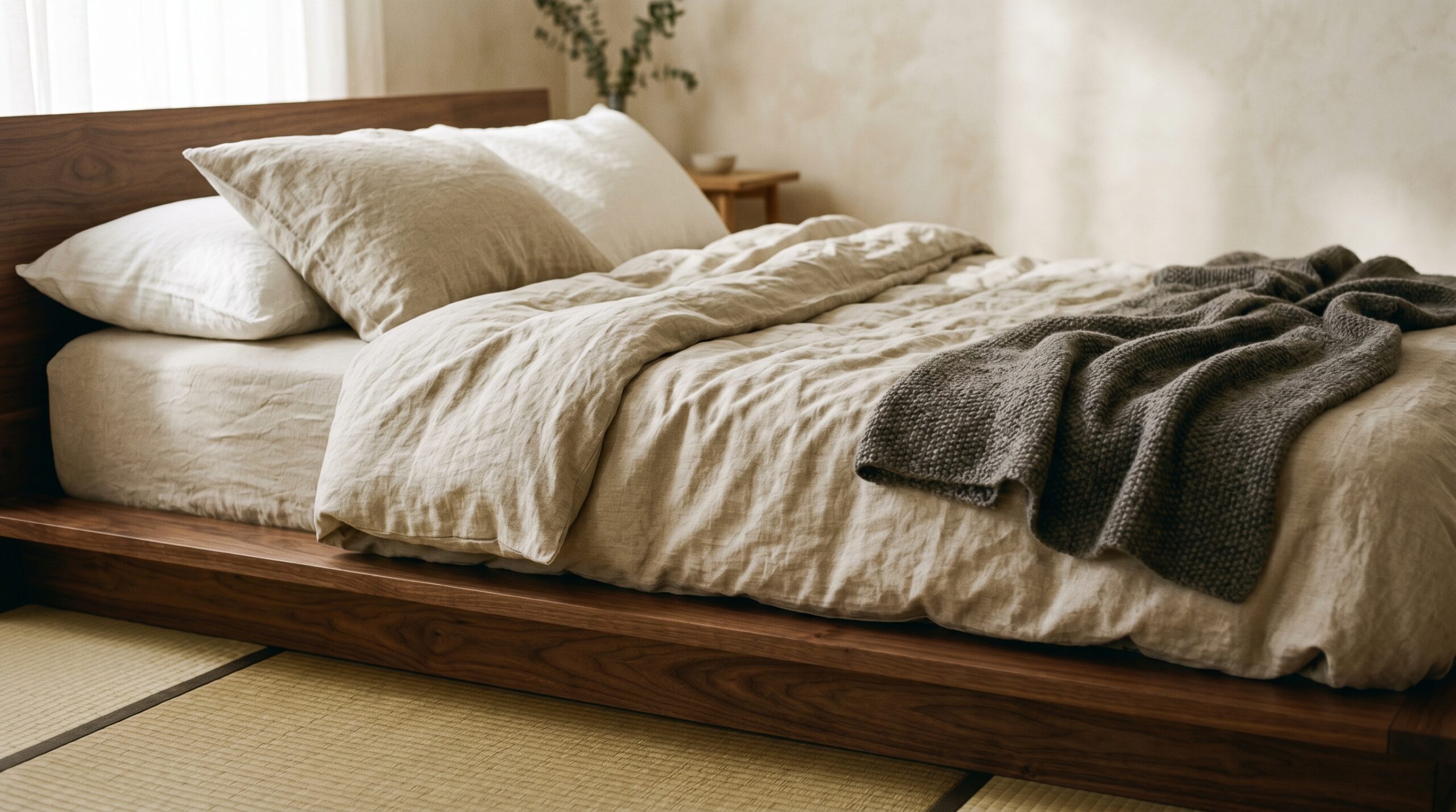 Japandi bedroom platform bed - low walnut frame with oat linen bedding and charcoal wool throw