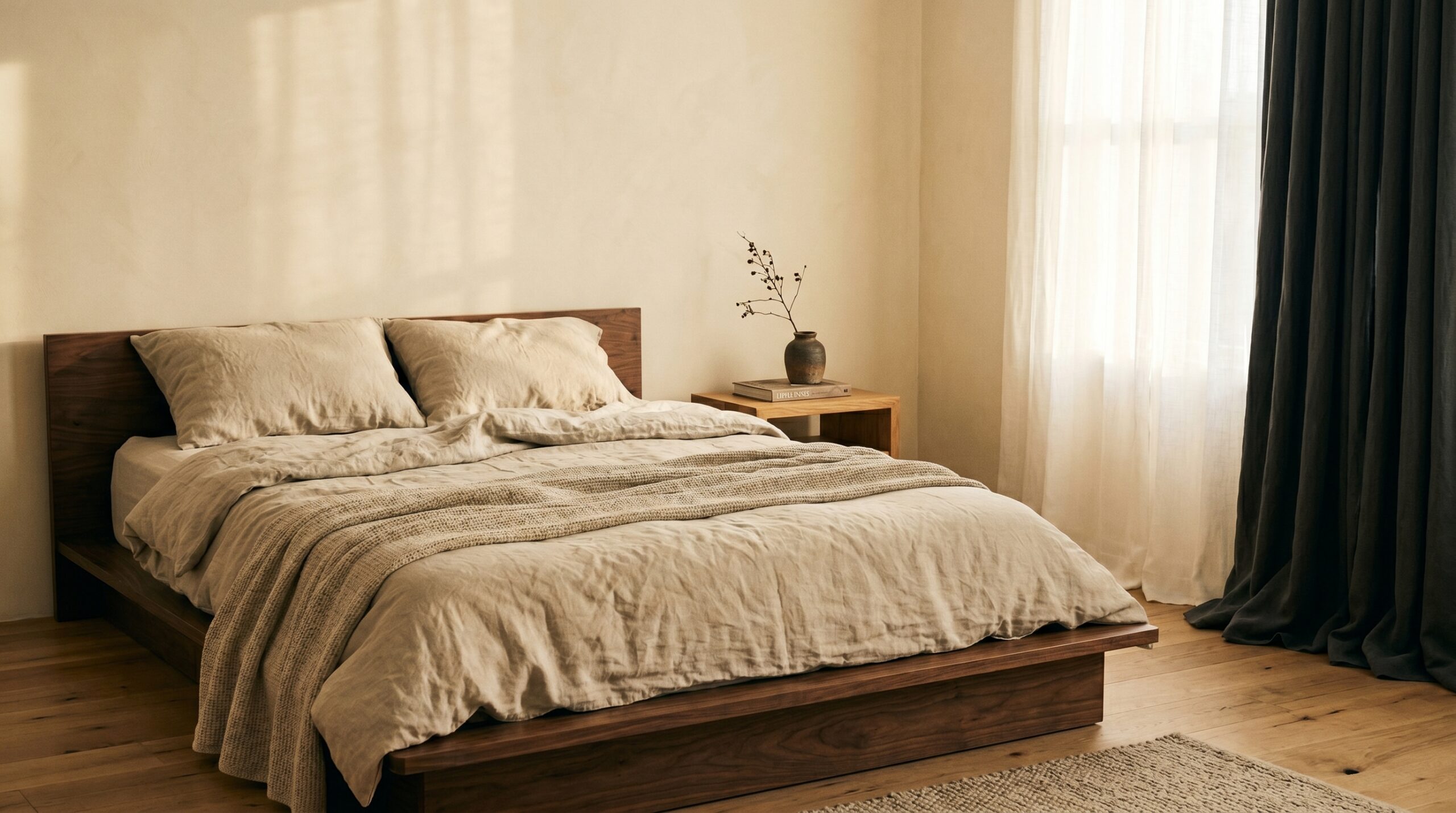 Japandi bedroom - low platform bed with oat linen bedding, dark walnut nightstand and sheer curtains