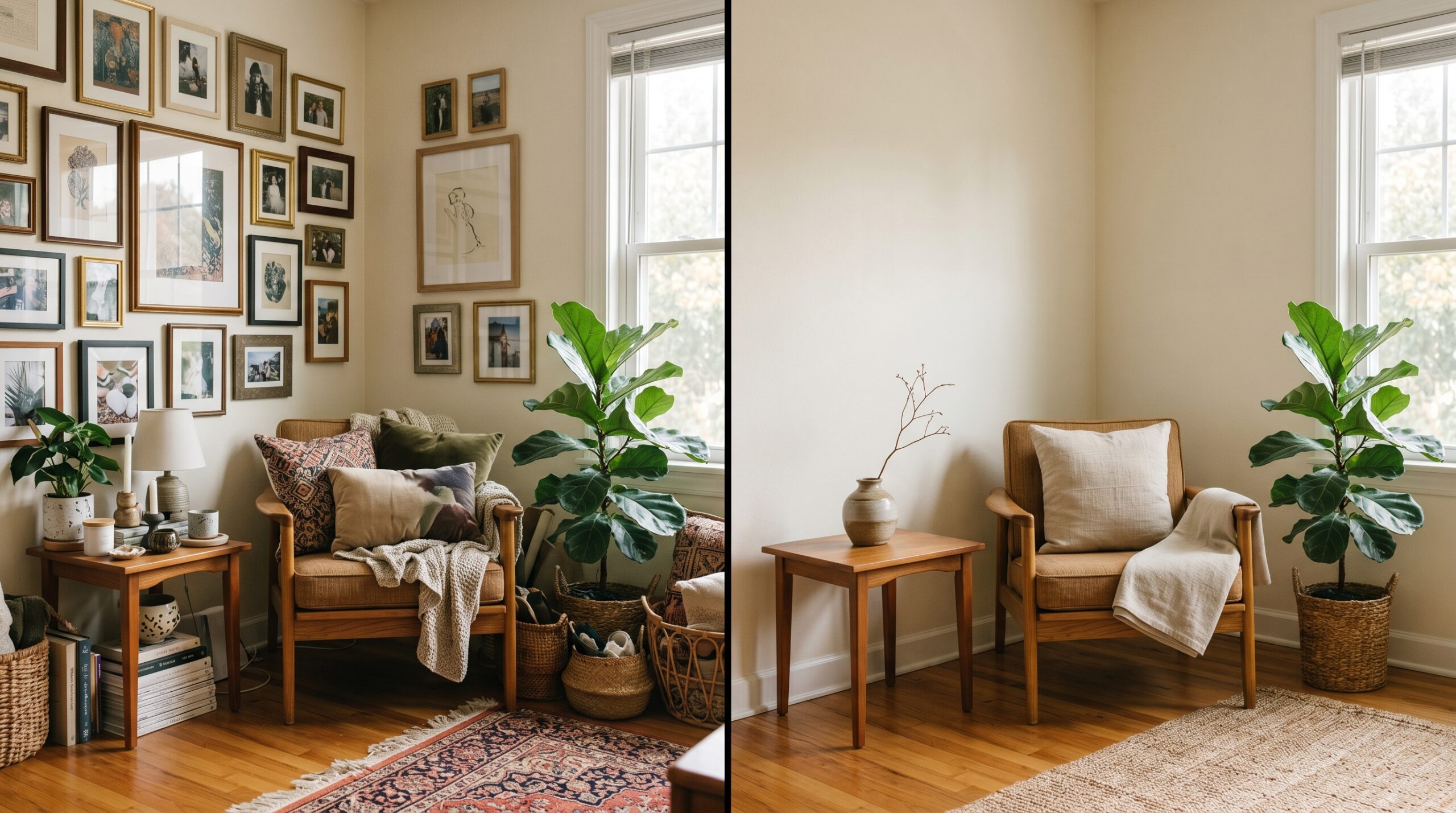 Japandi style editing - cluttered living room corner before and after Japandi decluttering