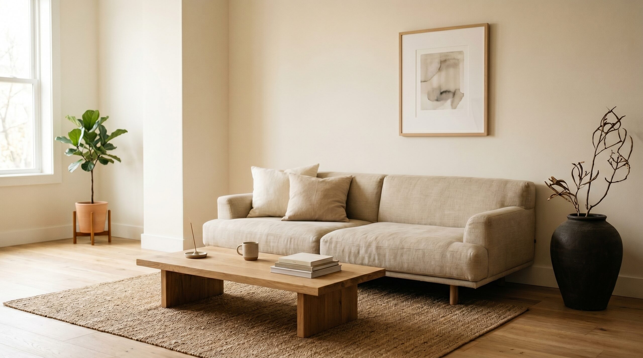 Japandi style guide - complete Japandi living room with linen sofa, oak coffee table and ceramic floor vase