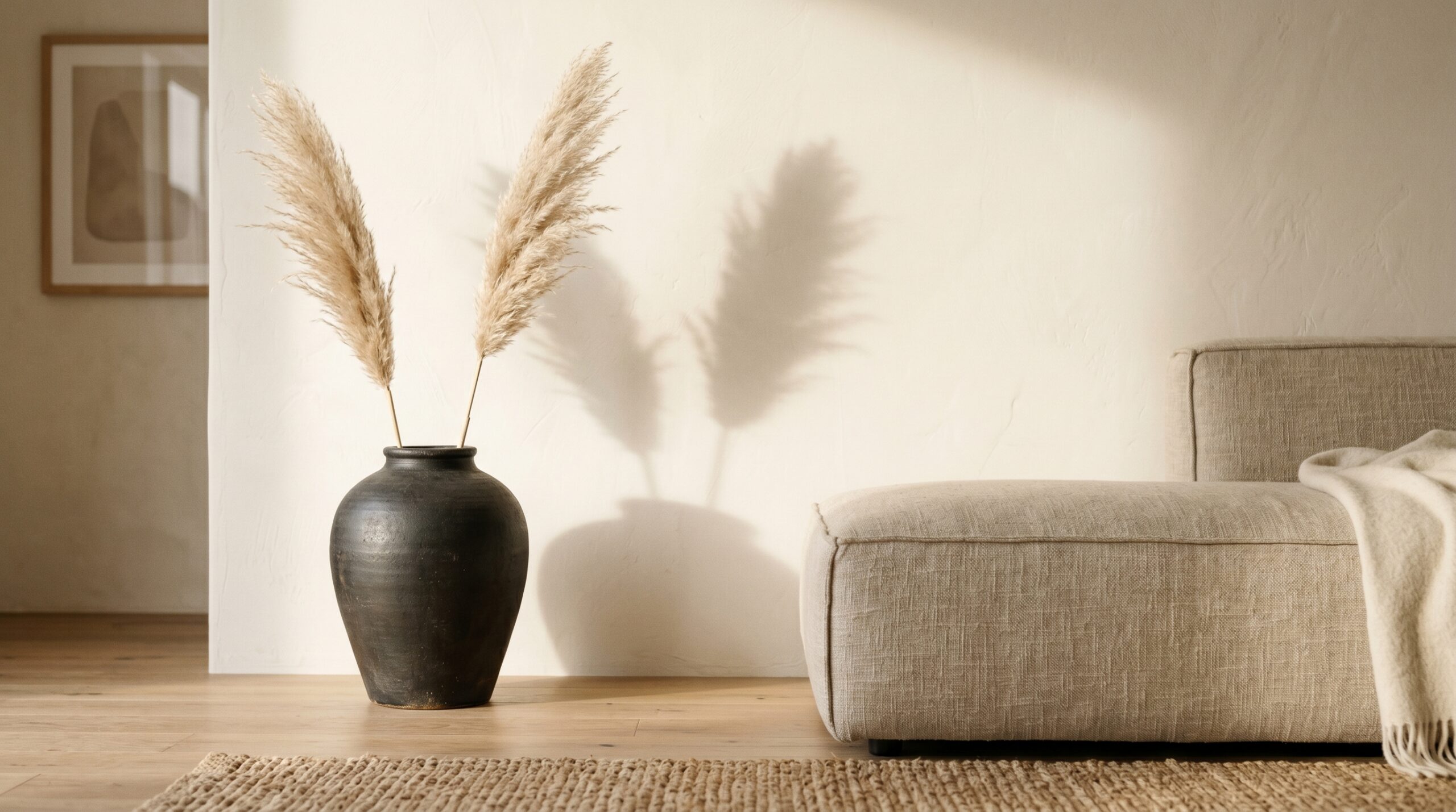 Japandi living room corner - dark ceramic floor vase with pampas stems beside linen sofa