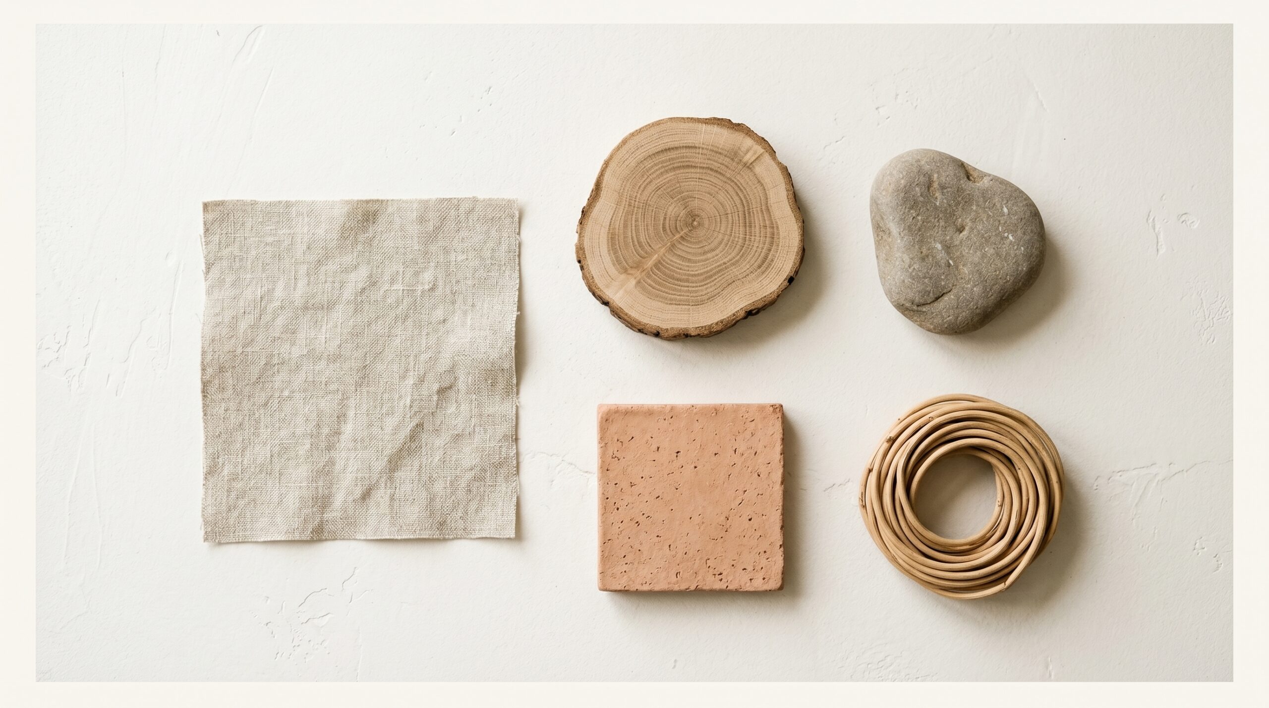Japandi natural materials - linen, oak wood, stone, clay and rattan flat-lay