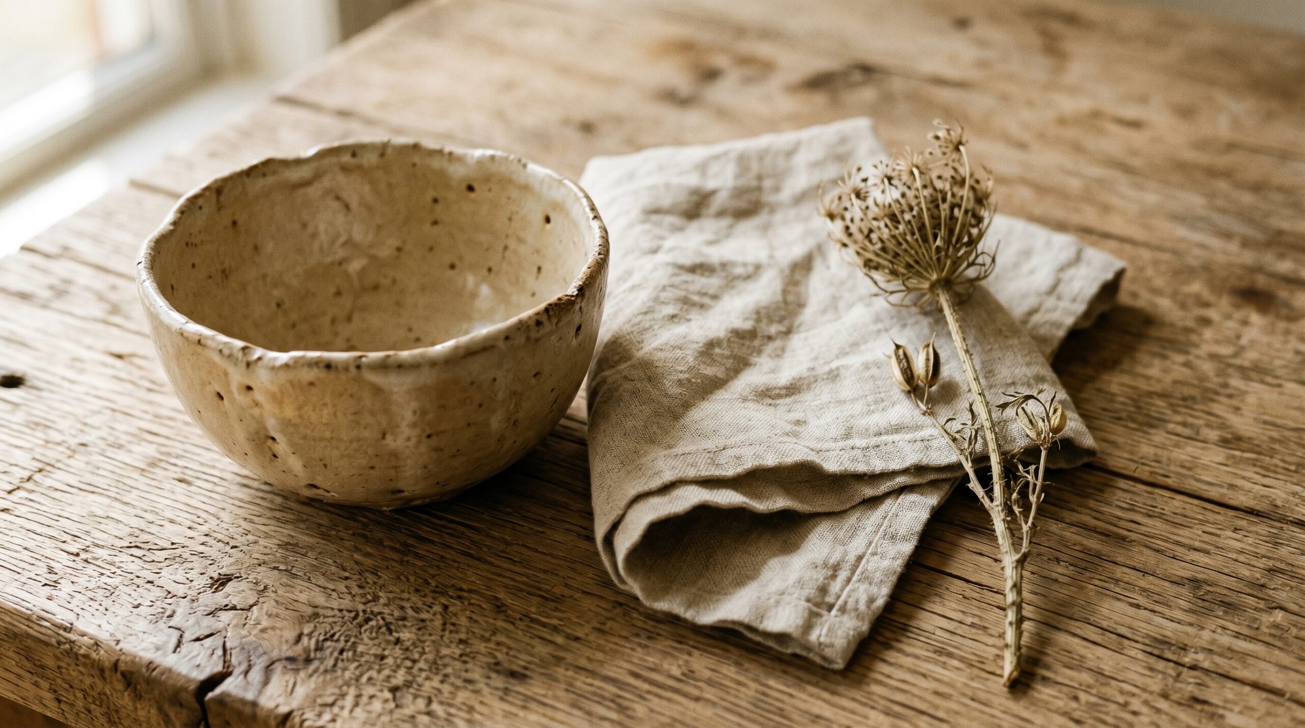 Wabi-sabi Japandi objects - handmade ceramic bowl, linen cloth and dried stem on oak surface