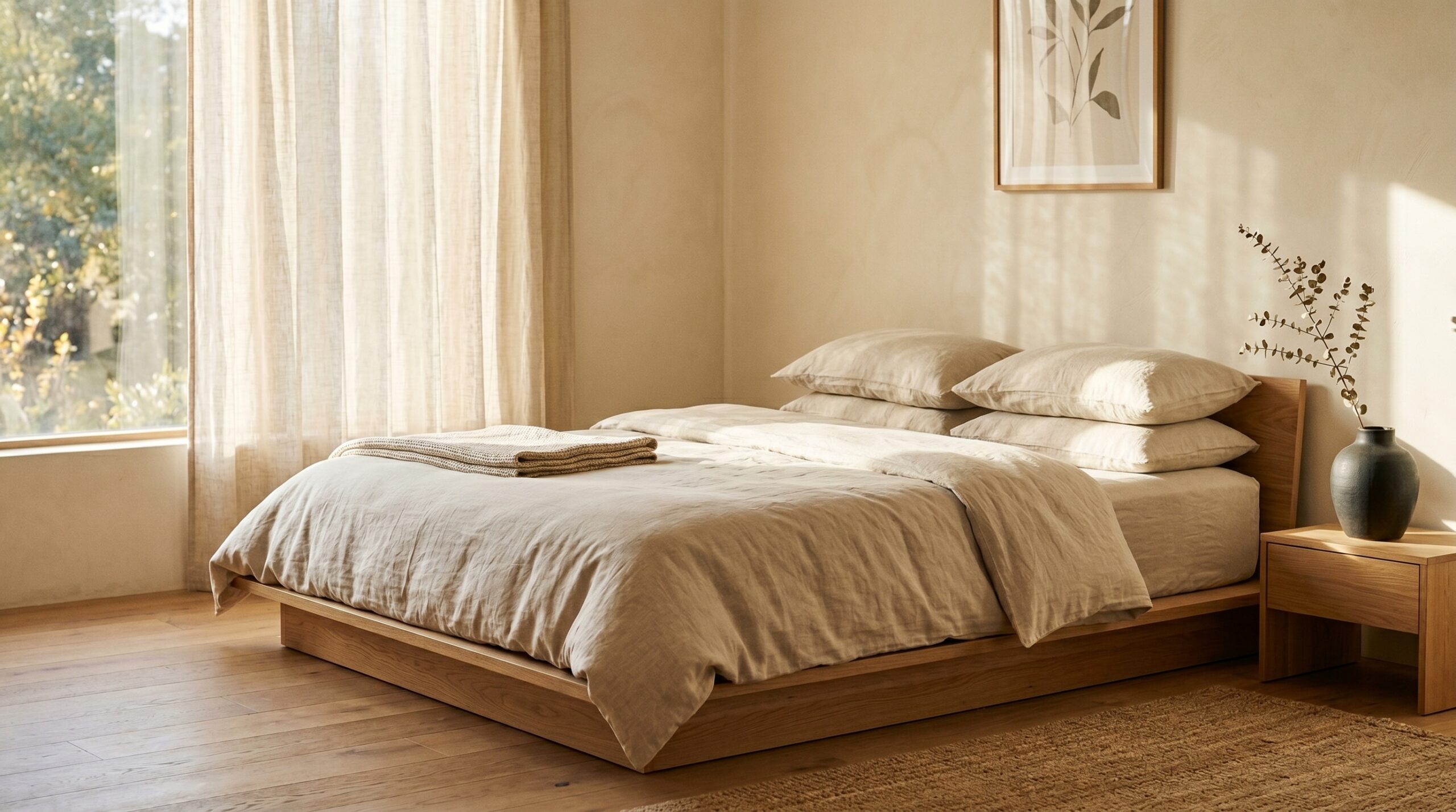 Japandi bedroom ideas - low platform bed with oat linen bedding, dark ceramic vase and sheer linen curtains