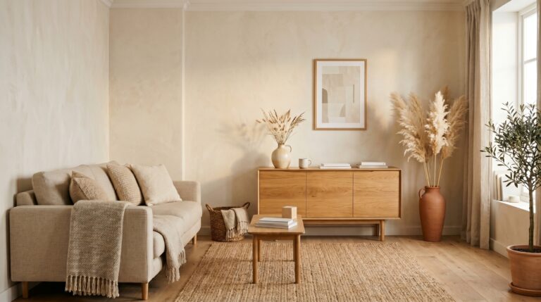 Japandi style guide - complete Japandi living room with linen sofa, oak sideboard and ceramic vase